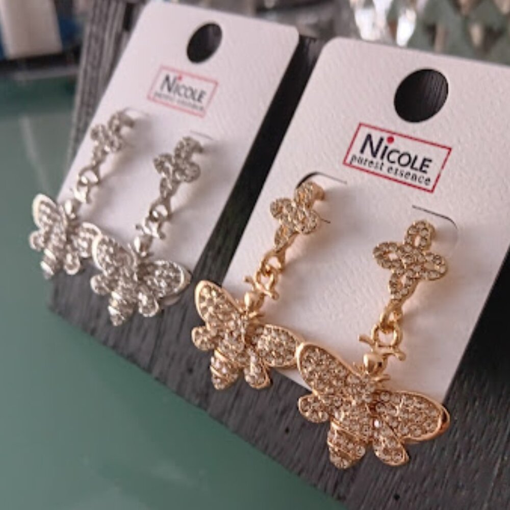 NICOLE Mod/Contemporary Lucky Clover & Queen Bee Silver Clear Crystal Earrings - Picture 6 of 6